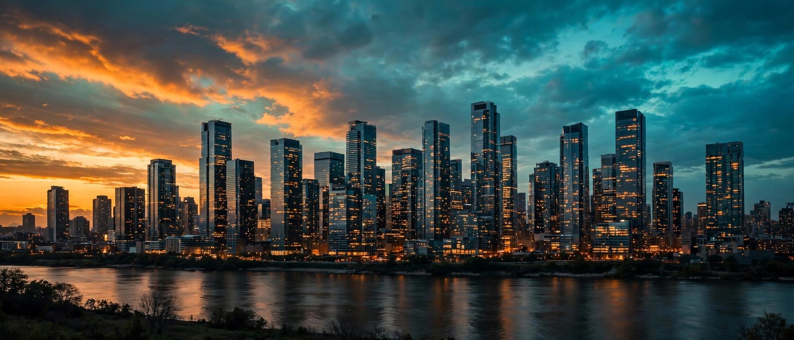 Illustrative city skyline at dusk